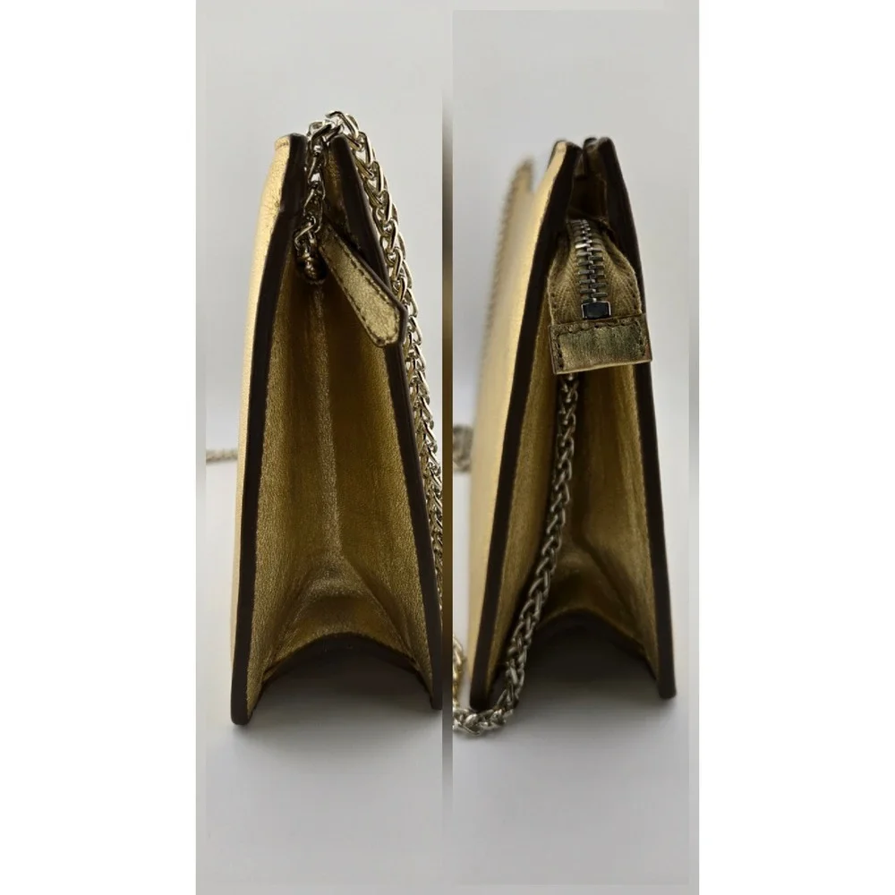 Saint Laurent Luteia Gold Metallic Leather Clutch Bag with Chain COA